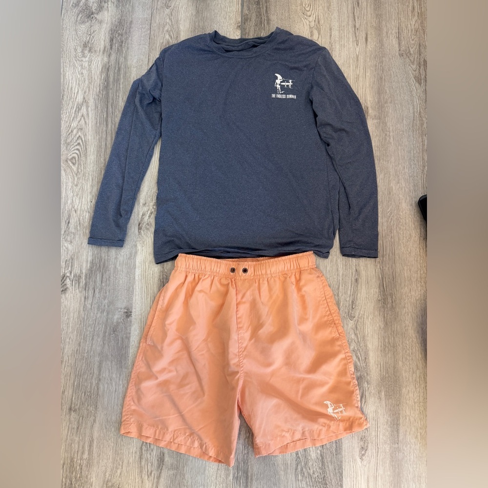 Endless Summer Kids Long-Sleeve Navy Rashguard Top with Peach Swim Shorts Set